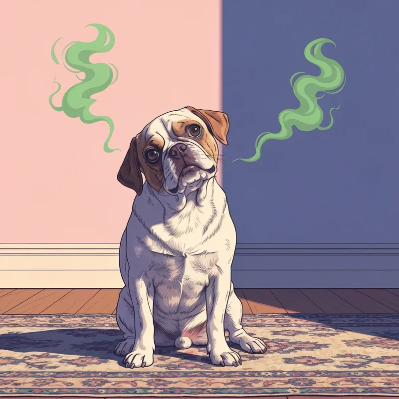 A confused French Bulldog looking back after a loud dogfart moment in a modern living room setting.