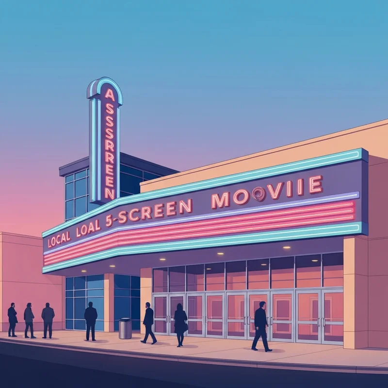 The exterior of a modern 6-screen cinema in Marshall MN featuring digital posters and a welcoming neon entrance.