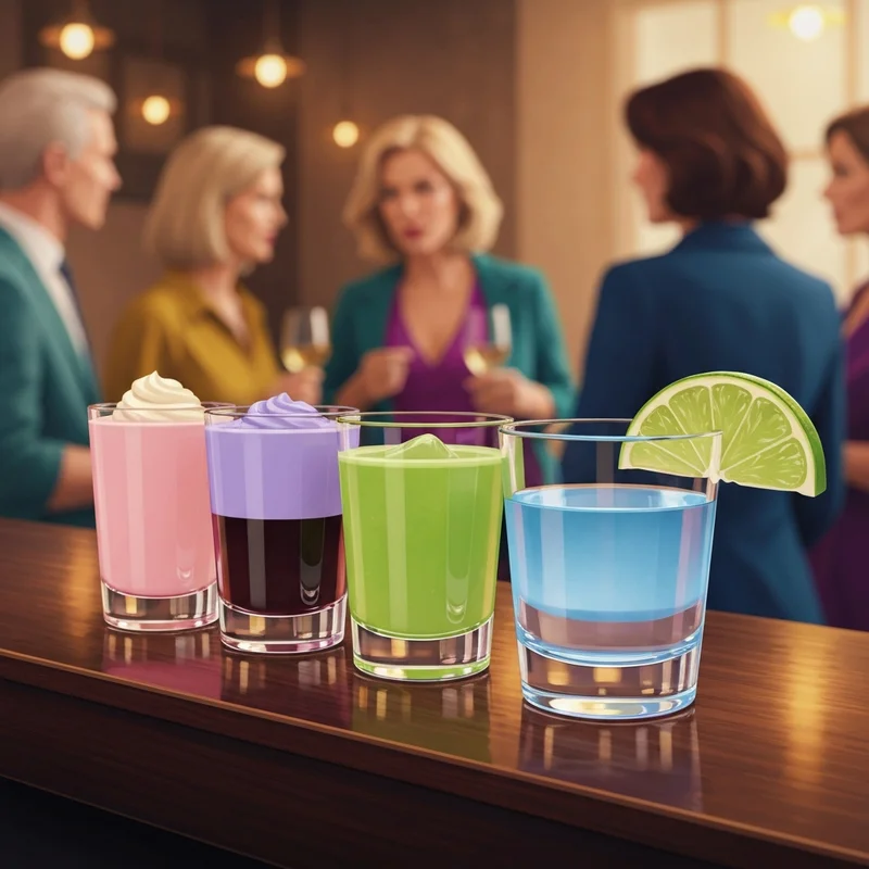 A vibrant collection of colorful chupitos on a bar counter with a blurred background of a lively social gathering, focusing on shot culture.