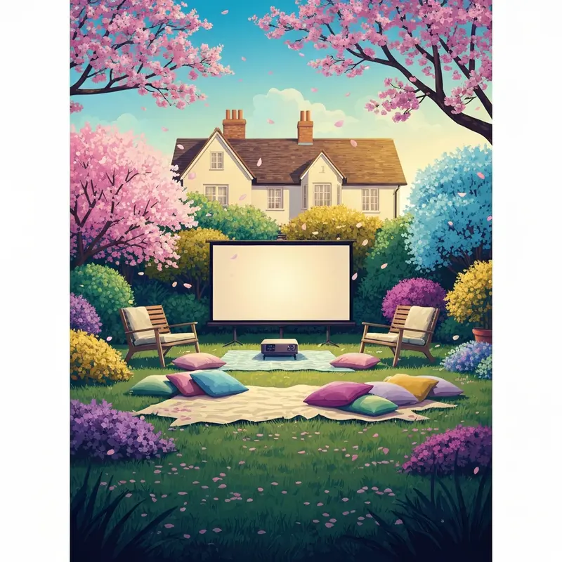 A cinematic and whimsical illustration of a blooming garden path leading to an outdoor cinema screen showing springtime movies, aesthetic pastel colors, 8k.
