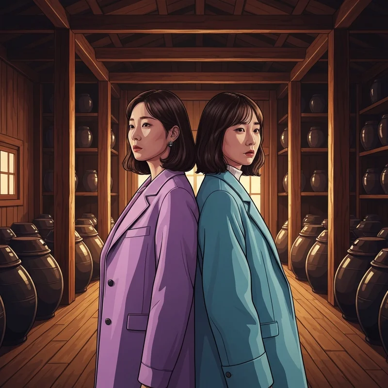 Cinematic visual of two sisters standing in a traditional Korean winery at sunset, reflecting the themes of cinderella unni.