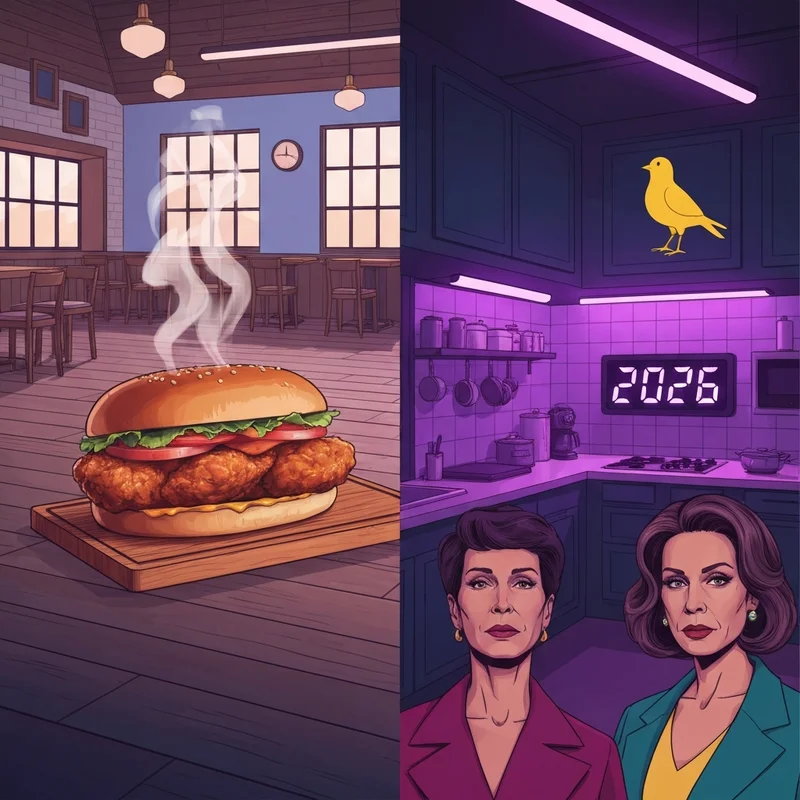 A split-screen visual representing chicas place: one side showing a gourmet Nashville hot chicken sandwich on Dundas Street, and the other showing a neon-lit futuristic animatronic kitchen with 2026 signage.