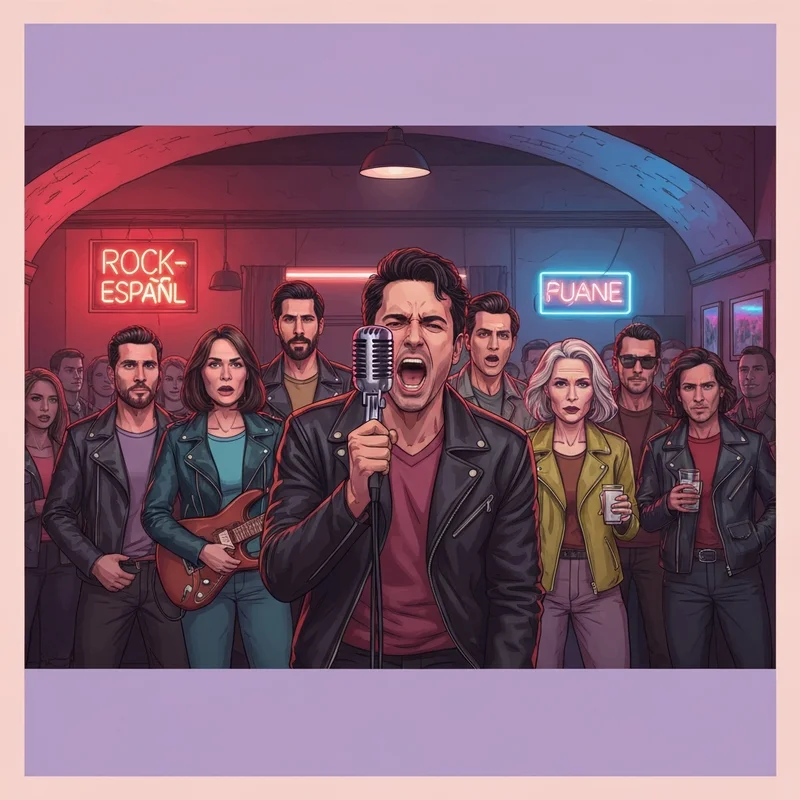 A gritty indie rock band performing on stage in a dark club, symbolizing the Los Inmorales musical trend.