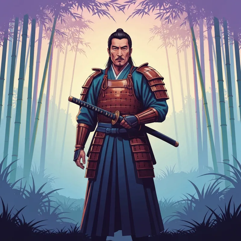 A cinematic shot of a lone warrior holding a katana in a bamboo forest, representing the best samurai movies.