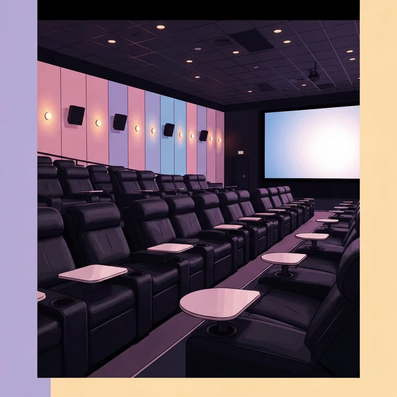 A modern luxury movie theater interior with plush black reclining loungers and swivel trays, representing the premium experience at Sierra Vista Cinemas 16.