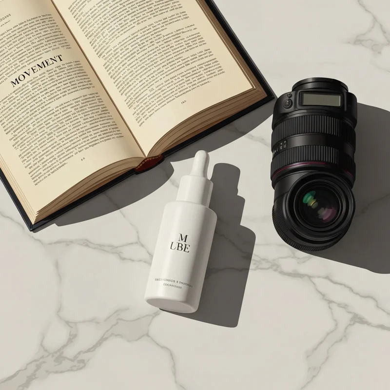 A clean, modern flat lay of skincare bottles next to a book on linguistics and a professional camera, representing the various meanings of brouger.