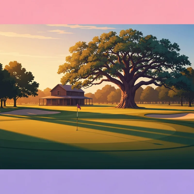 A peaceful landscape of a Texas golf course at sunset, representing the themes of seven days in utopia.