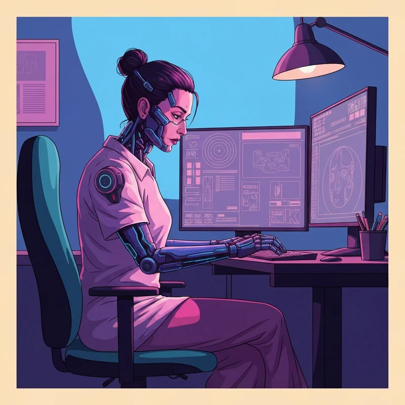 A futuristic digital anime creator workstation showcasing the iAnime aesthetic with glowing character holograms.