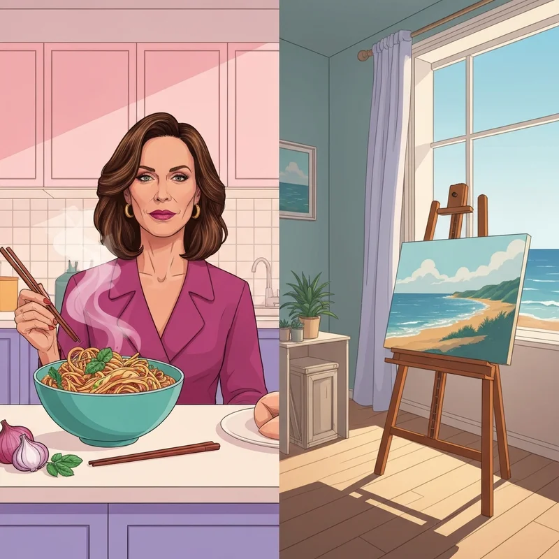 A visual disambiguation guide for katherine carpenter showing a split screen of a kitchen with noodles and a serene coastal art studio.