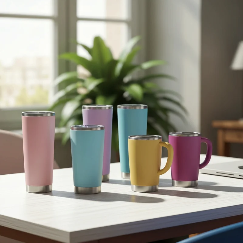 Moderner Becher Test: Verschiedene hochwertige Thermobecher und Stanley Cups auf einem stylischen Schreibtisch