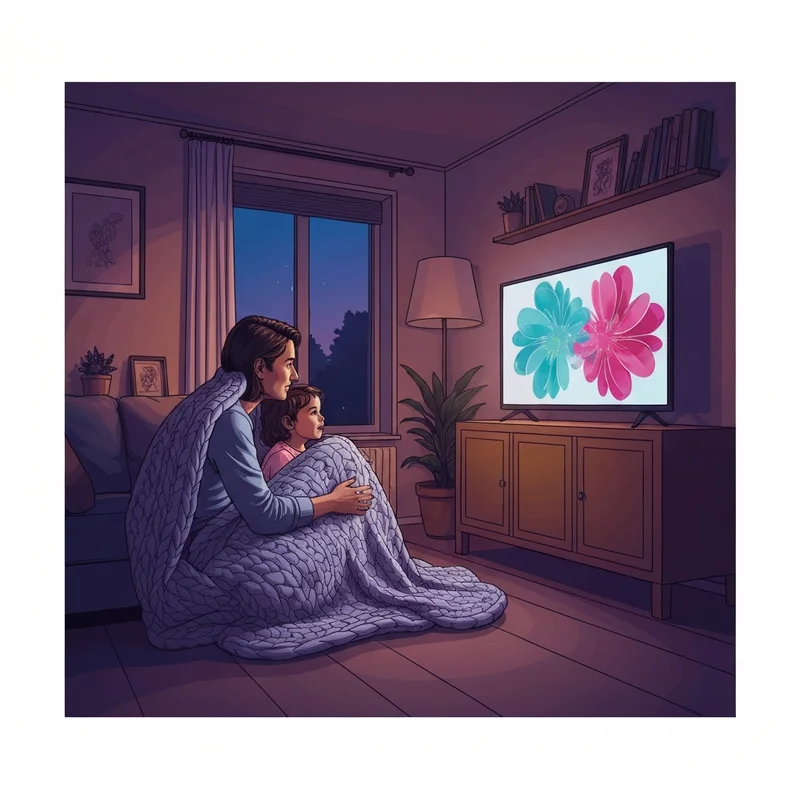 Una familia joven sentada cómodamente en un sofá viendo peliculas infantiles en una pantalla brillante en un salón acogedor.