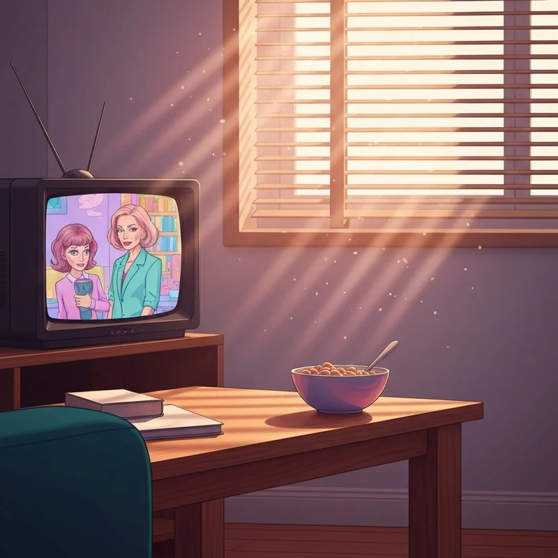 Nostalgic 90s living room with a glowing tube TV showing colorful cartoon characters in 90s