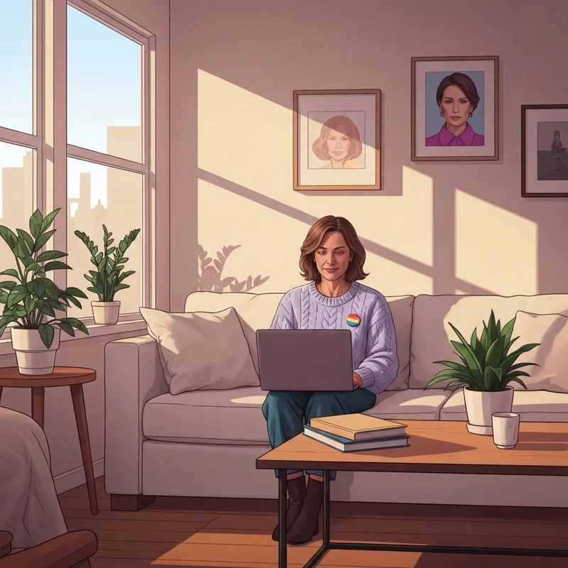 A thoughtful woman sitting in a natural light-filled room exploring lesbian amateur media for authentic representation.