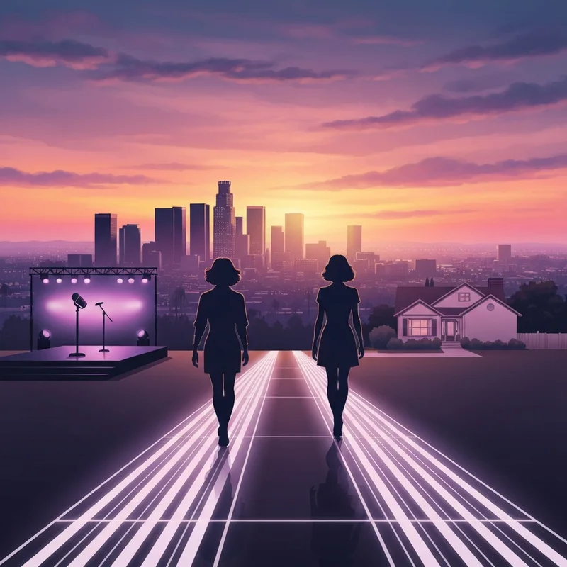 A nostalgic visual representation of the selena gomez and justin bieber era, featuring symbolic elements of Hollywood fame and emotional growth.