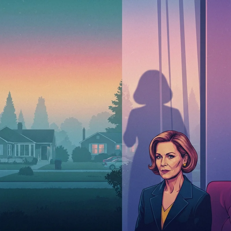 A grainy, cinematic montage of a dark suburban street and a shadowy figure, representing the grit of horror films in the 70s.