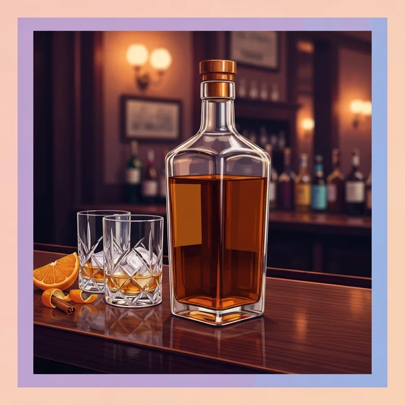 A cinematic bottle of southern comfort spirit on a rustic wooden bar in New Orleans with soft amber lighting.