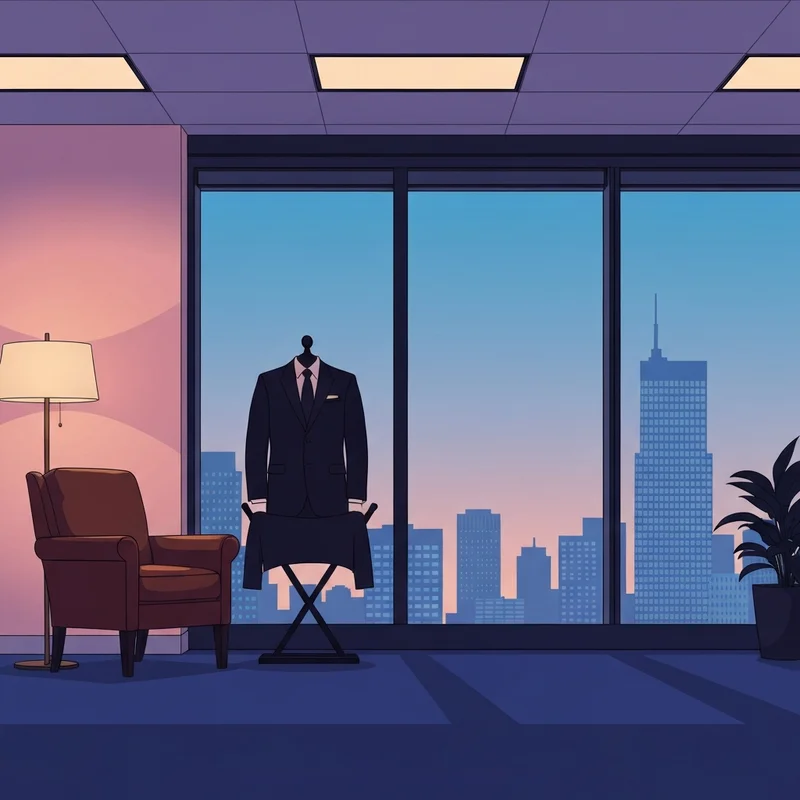 A close-up of a sharp navy suit with silver cufflinks and a silk tie, representing the men at play corporate aesthetic.