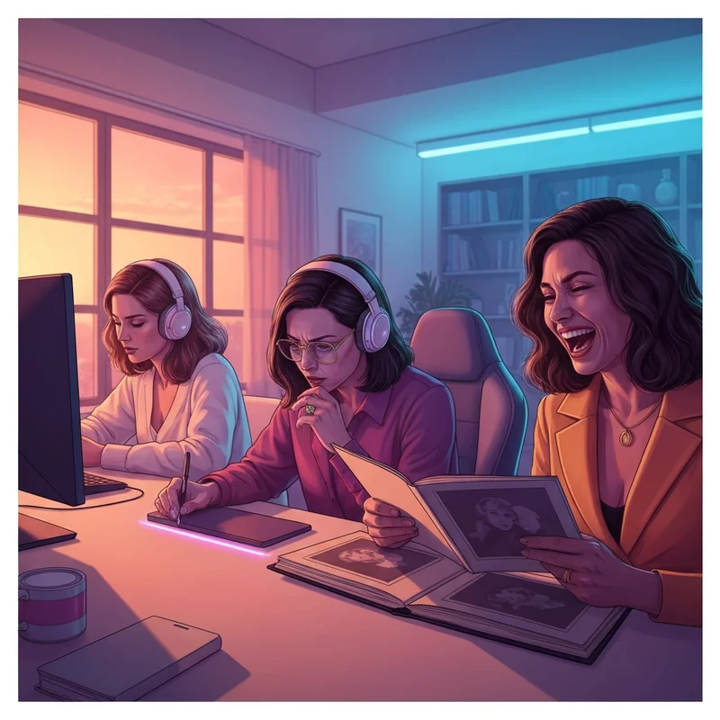 A high-aesthetic, cinematic representation of perfect girls balancing music, gaming, and self-care in a neon-lit modern environment.