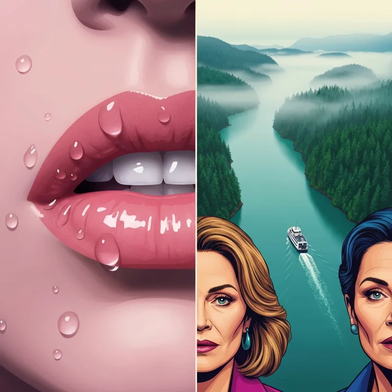 A split-screen visual representing the plumper pass: one side showing a close-up of glossy, voluminous lips and the other showing a misty coastal pass in British Columbia.