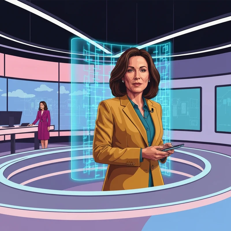 An illustration of a professional woman in a sports broadcasting studio, symbolizing digital privacy and career resilience, charissa thompson nude leak.