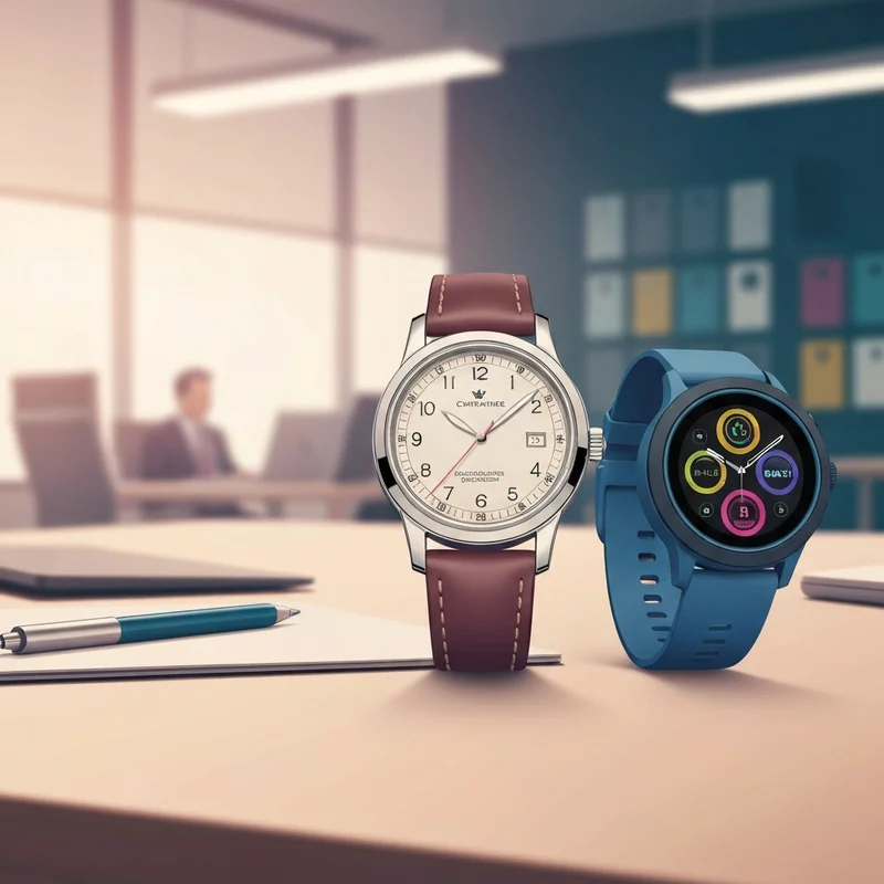 A comparison of a 32mm classic quartz watch and a modern smart watch 32 with GPS, displayed on a stylish desk.