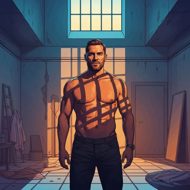 A symbolic representation of the caged animal concept, showing a powerful figure standing before a window with shadows resembling bars, blending cinematic and psychological themes.