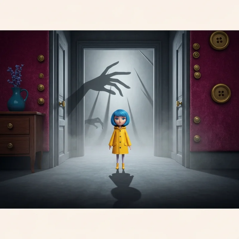 A detailed stop-motion aesthetic illustration of a young girl with blue hair and a yellow raincoat standing before a small, mysterious door in a dimly lit Victorian-style room, featuring creepy coraline motifs.