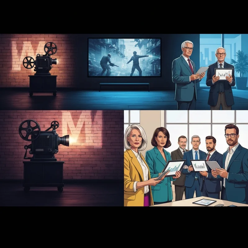 A cinematic representation of mmovies highlighting classic film reels, a modern TV broadcasting tower, and a crowd of fan-investors.