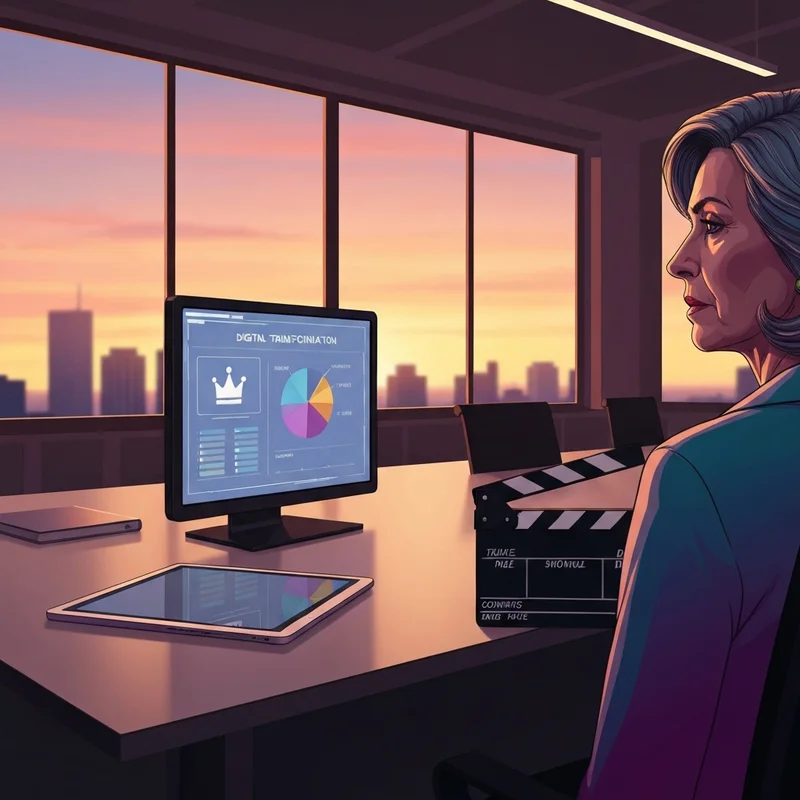 A modern media office with digital displays showing a Hallmark Media workforce reduction strategy and a golden logo.