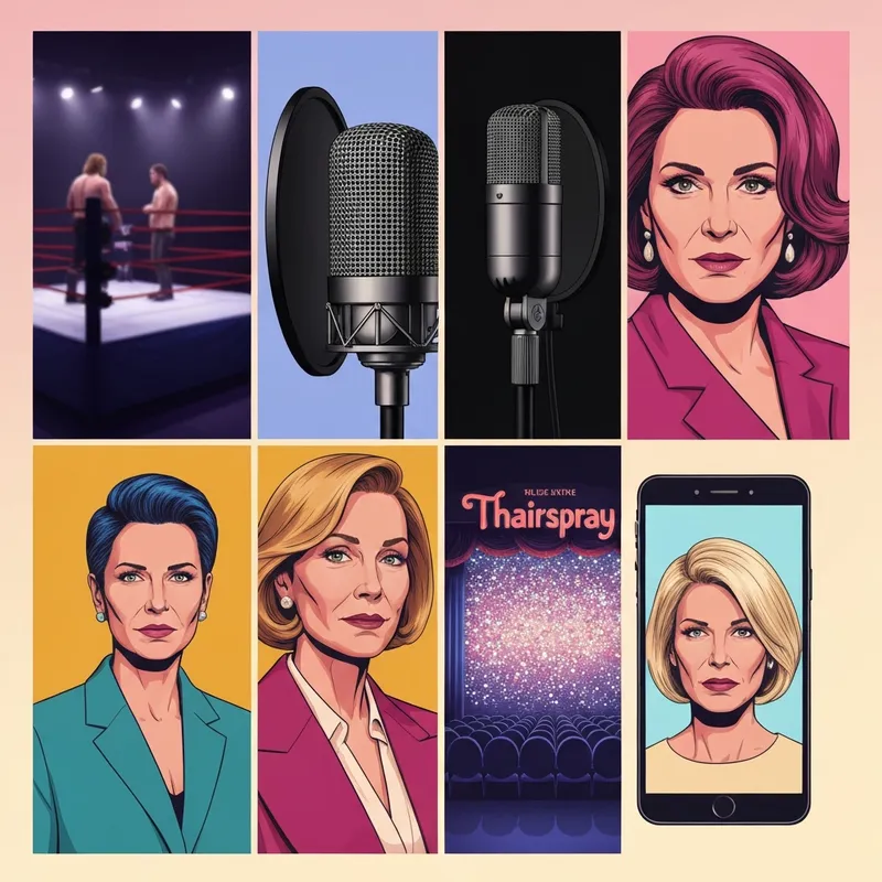 A conceptual digital identity map for Ivy Steele featuring a wrestling mask, a microphone, and a theatre curtain to represent her different personas.