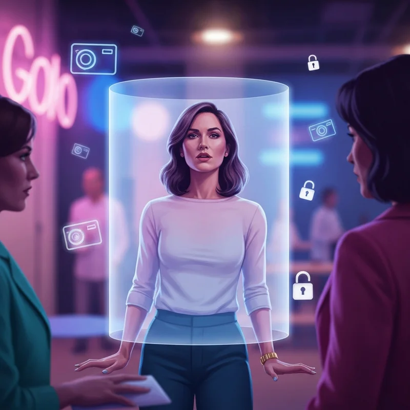 A symbolic digital shield protecting a woman's blurred silhouette from glowing camera lenses and binary code, representing safety from non-consensual drunk girl porn risks.