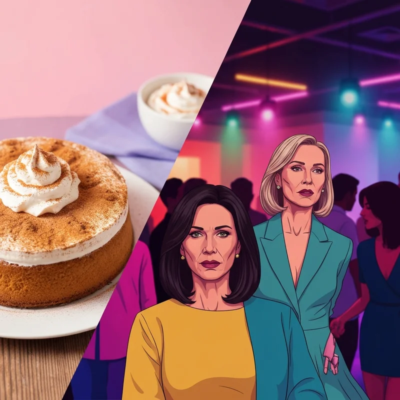 A visually stunning Tres Leches cake next to a glowing neon sign for a cultural latin leche event, representing the duality of the term.