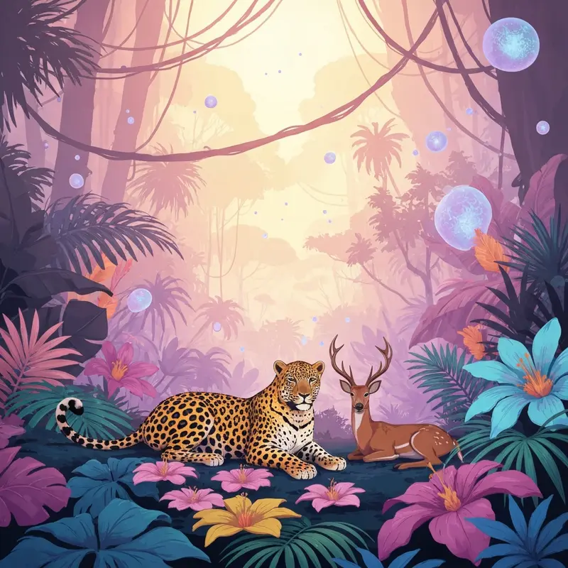 A serene and lush jungle landscape inspired by Silent Paradise art, featuring glowing ethereal plants and a calm atmosphere.