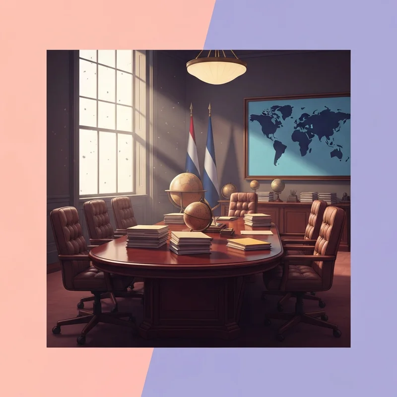 A sophisticated cinematic shot of a mahogany-paneled conference room with a world map in the background, representing the setting of top diplomatic movies.