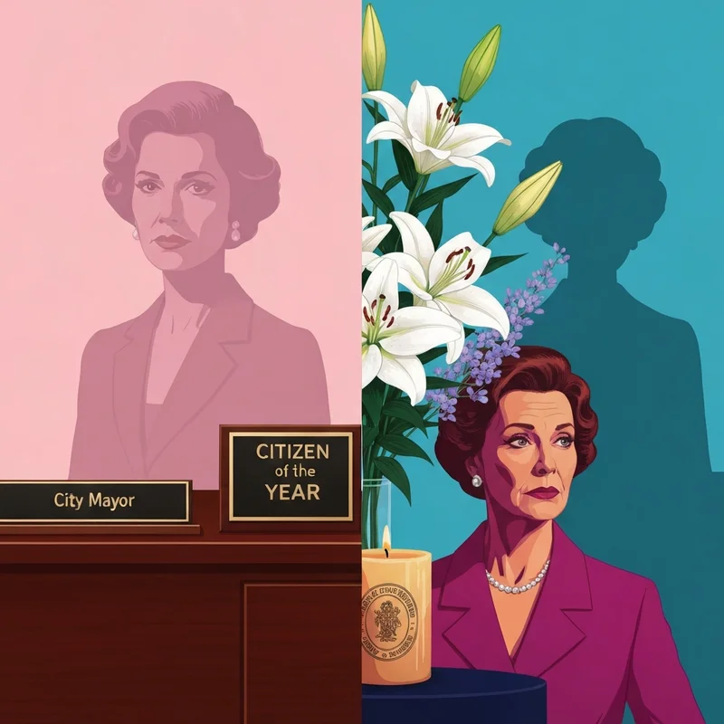 Disambiguation guide for Patricia Matthews featuring symbols of local government, memorial flowers, and classic mystery elements.