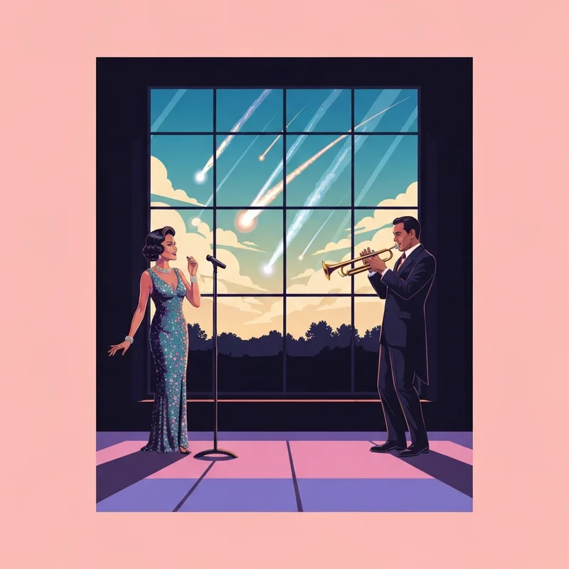 A vintage-style illustration of a jazz singer under a shower of falling stars, representing Stars Fell on Alabama.