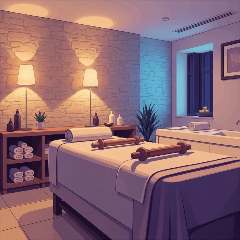 A serene wellness environment showcasing a professional czech massage setup with wooden maderotherapy tools and soft amber lighting.
