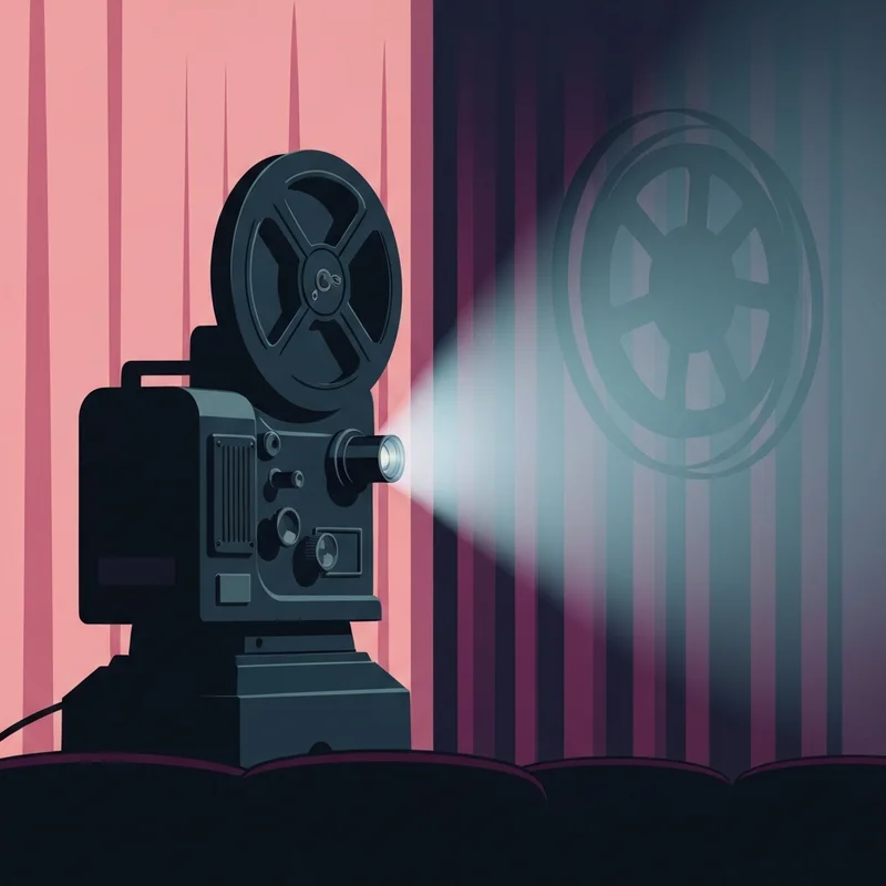 Representación artística de una cámara de cine antigua iluminando una escena de sombras dramáticas, simbolizando la película pornograf y el cine de culto.