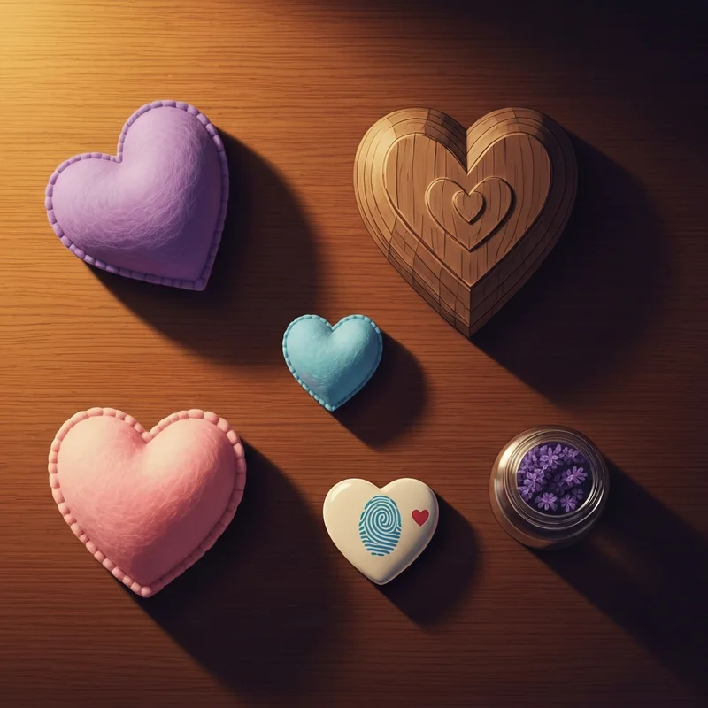 A collection of handmade lovely heart crafts including felt sachets, wooden ornaments, and clay charms on a rustic table.