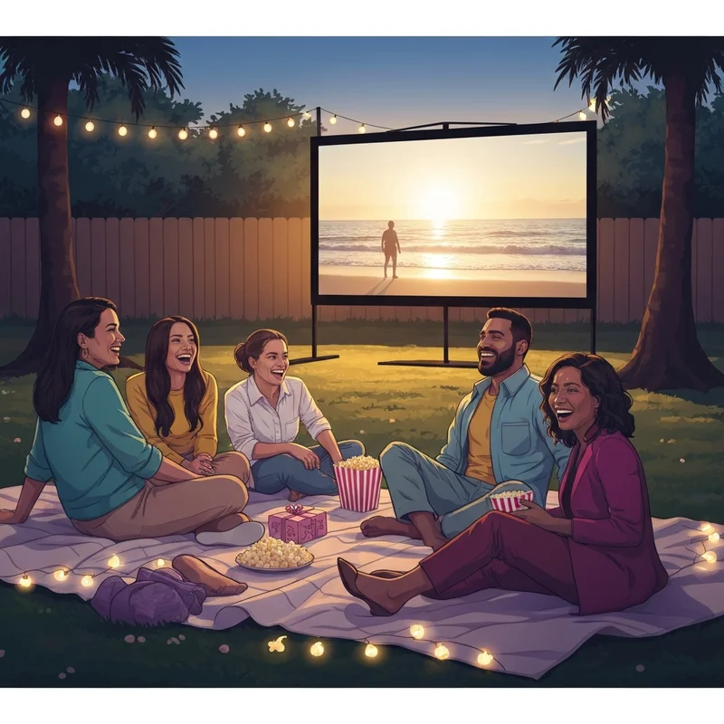 A group of friends laughing at an outdoor cinema screening of the best summer movies under a sunset sky.