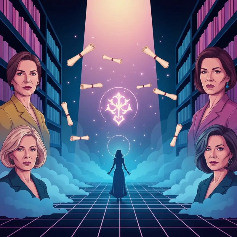 A cinematic visualization of the term whitch showing a mystical figure in a digital library