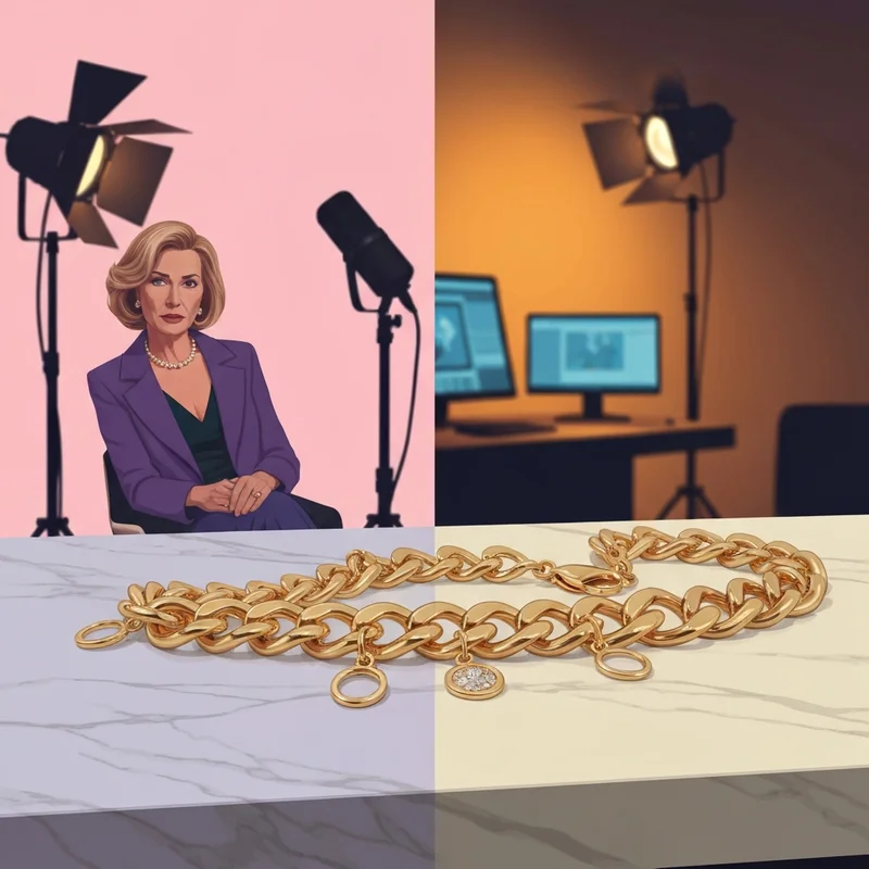 A close-up of a high-end alexa chains gold statement necklace on a velvet display next to a professional digital creator profile silhouette.