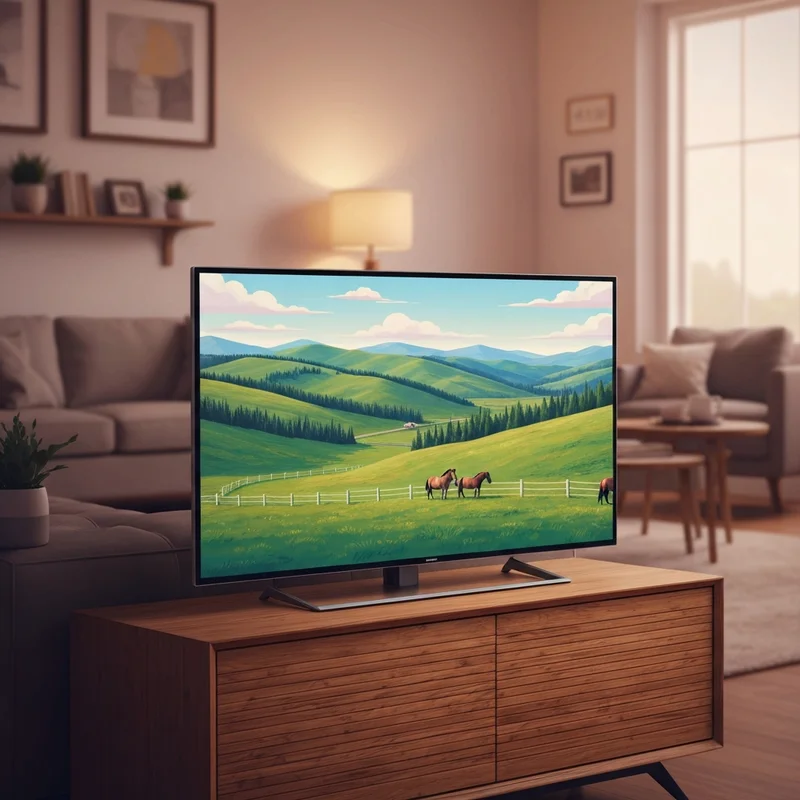A modern 4K TV screen showing a beautiful sunset over a horse ranch, representing the tvs heartland theme.