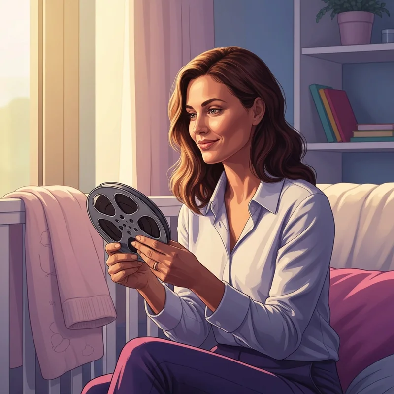 A peaceful woman sitting in a warm, sunlit nursery holding a film reel, representing films with pregnancy.