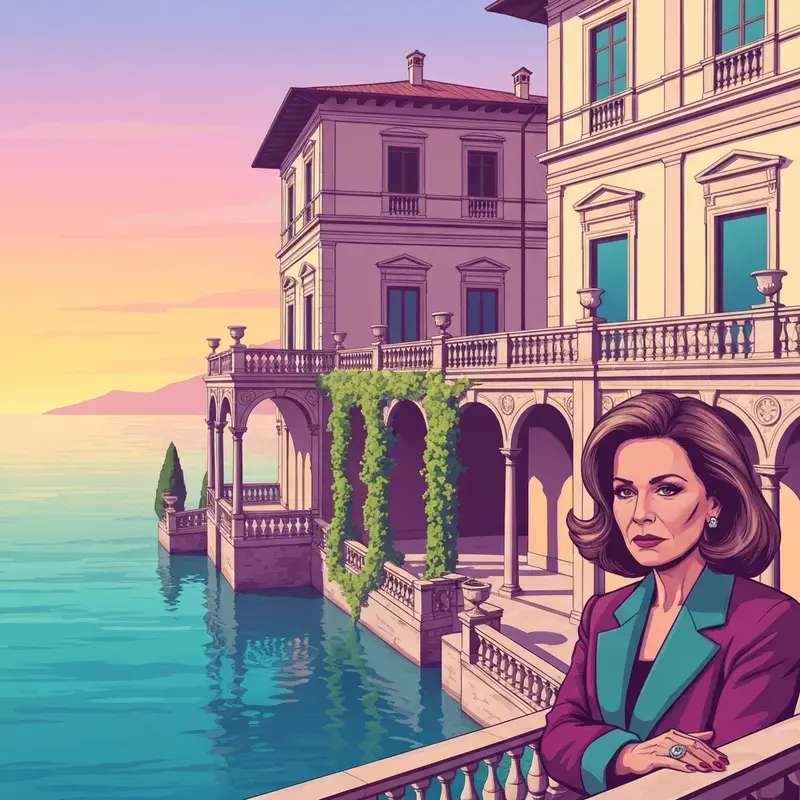 Cinematic wide shot of the iconic balcony at Lake Como, the real-world site where star wars 2 filmed the Naboo wedding scenes.