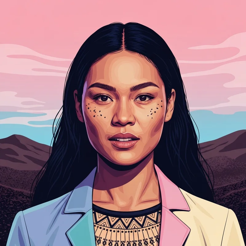 A cinematic and artistic portrait representing Te Ao o Hinepehinga, capturing the essence of a Māori actress with grace and strength, inspired by her role in Chief of War.