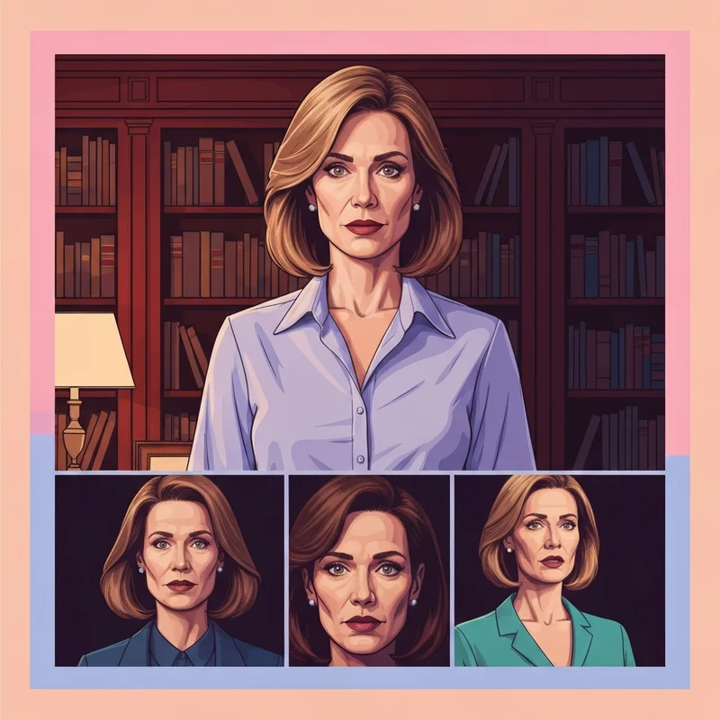 A cinematic, moody depiction of a sophisticated woman in a dimly lit library, representing the stepmom sex narrative trope.