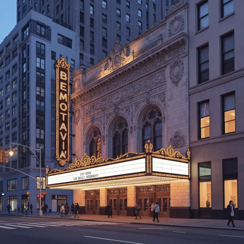 The iconic neon marquee of the ed sullivan theater on Broadway at night, reflecting historical NYC architecture.