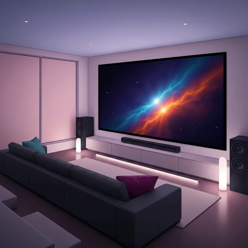 A high-end OLED television displaying a vibrant movies4k nebula scene in a dark home theater environment.