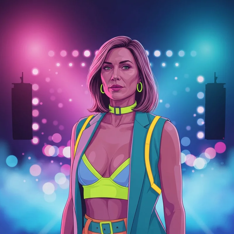 A vibrant digital portrait of a creator matching the Annika Eve aesthetic, featuring neon rave lights, festival fashion, and a high-energy influencer vibe.